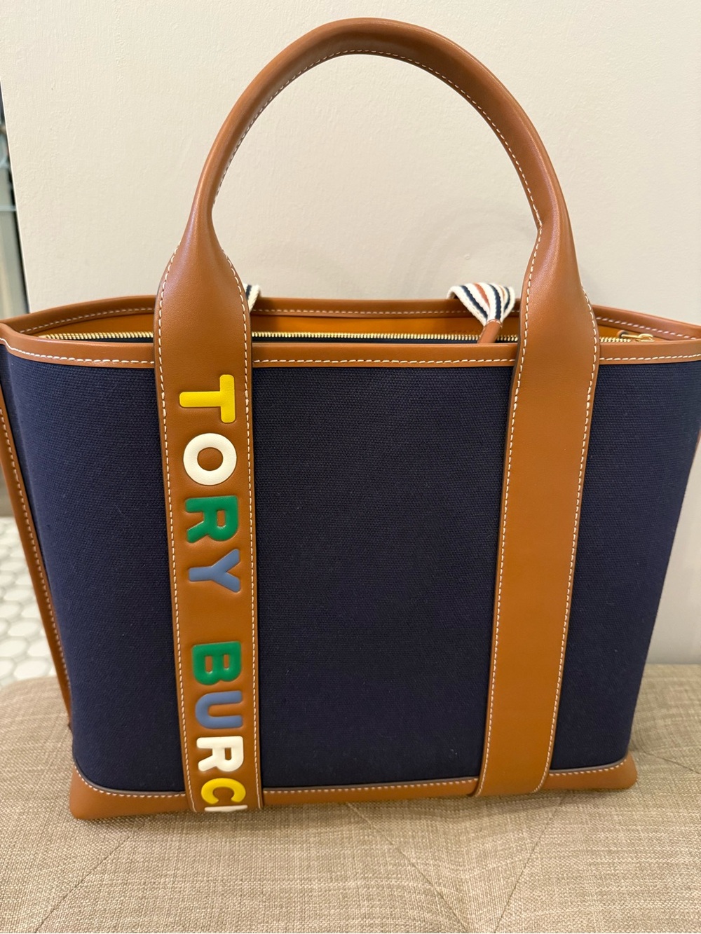 Tory Burch Navy Canvas Tote with Tan Leather Trim and Multicolor Logo Strap